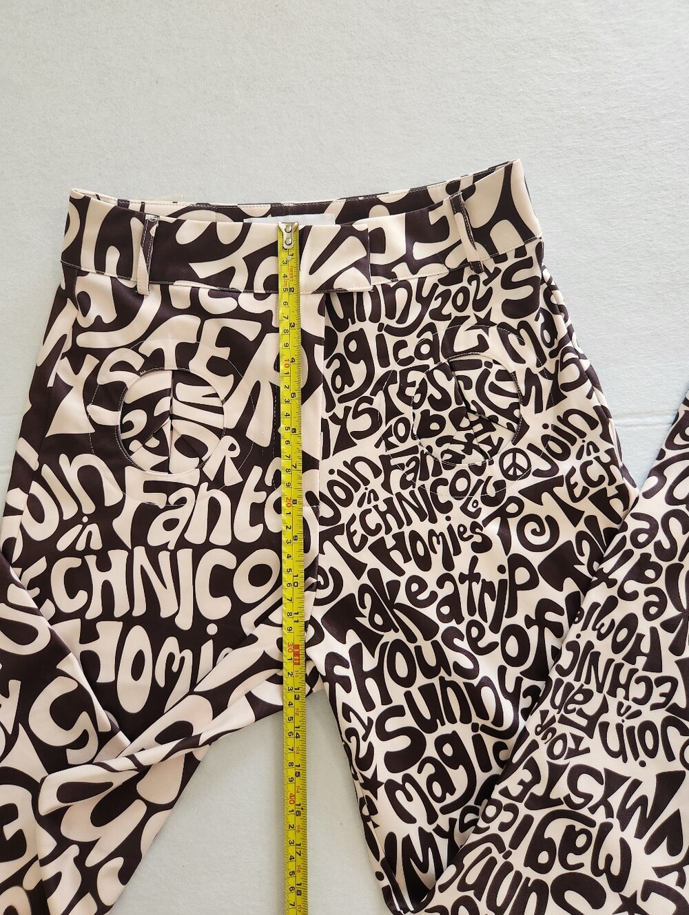 House of Sunny Brown and Cream Graphic Boot Cut Pants Size 4 With Slit Hem - Picture 9 of 13